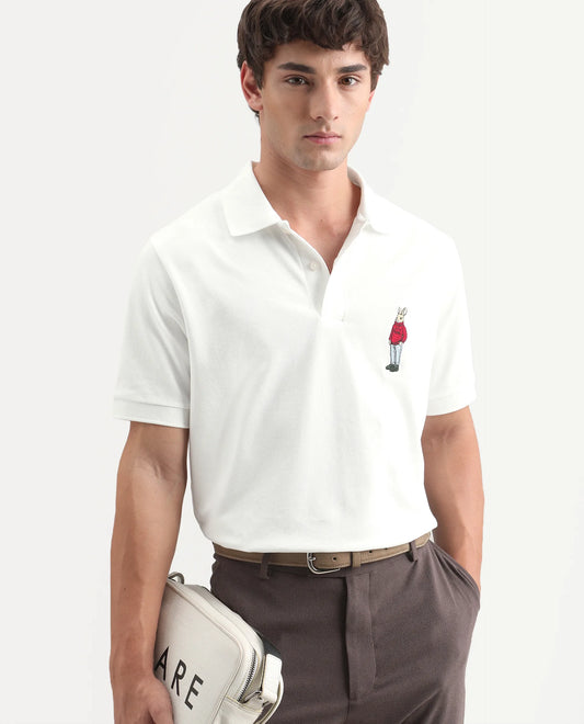 Rare Rabbit Men's Mascos White Cotton Blend Spread Collar Regular Fit Embroidered Polo