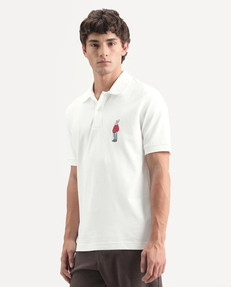 Rare Rabbit Men's Mascos White Cotton Blend Spread Collar Regular Fit Embroidered Polo
