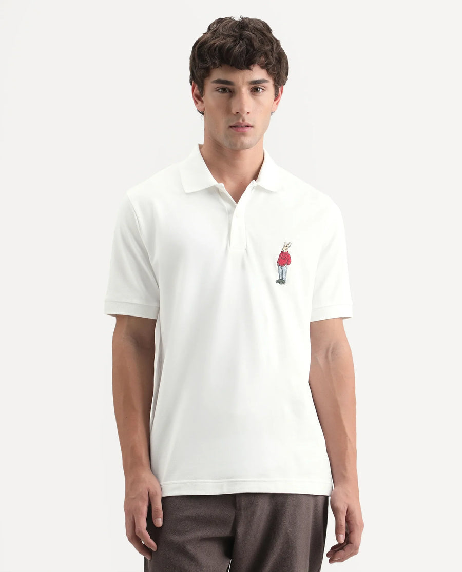 Rare Rabbit Men's Mascos White Cotton Blend Spread Collar Regular Fit Embroidered Polo