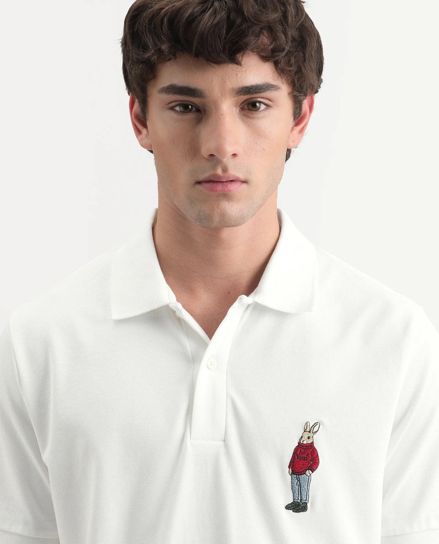 Rare Rabbit Men's Mascos White Cotton Blend Spread Collar Regular Fit Embroidered Polo