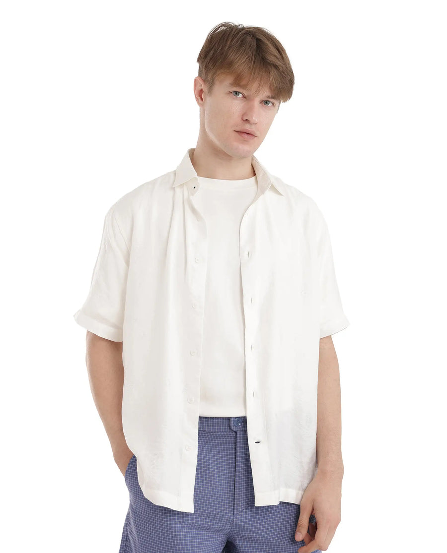 Rare Rabbit Men's Masie White Viscose Blend Plain Regular Fit Half Sleeve Collared Shirt