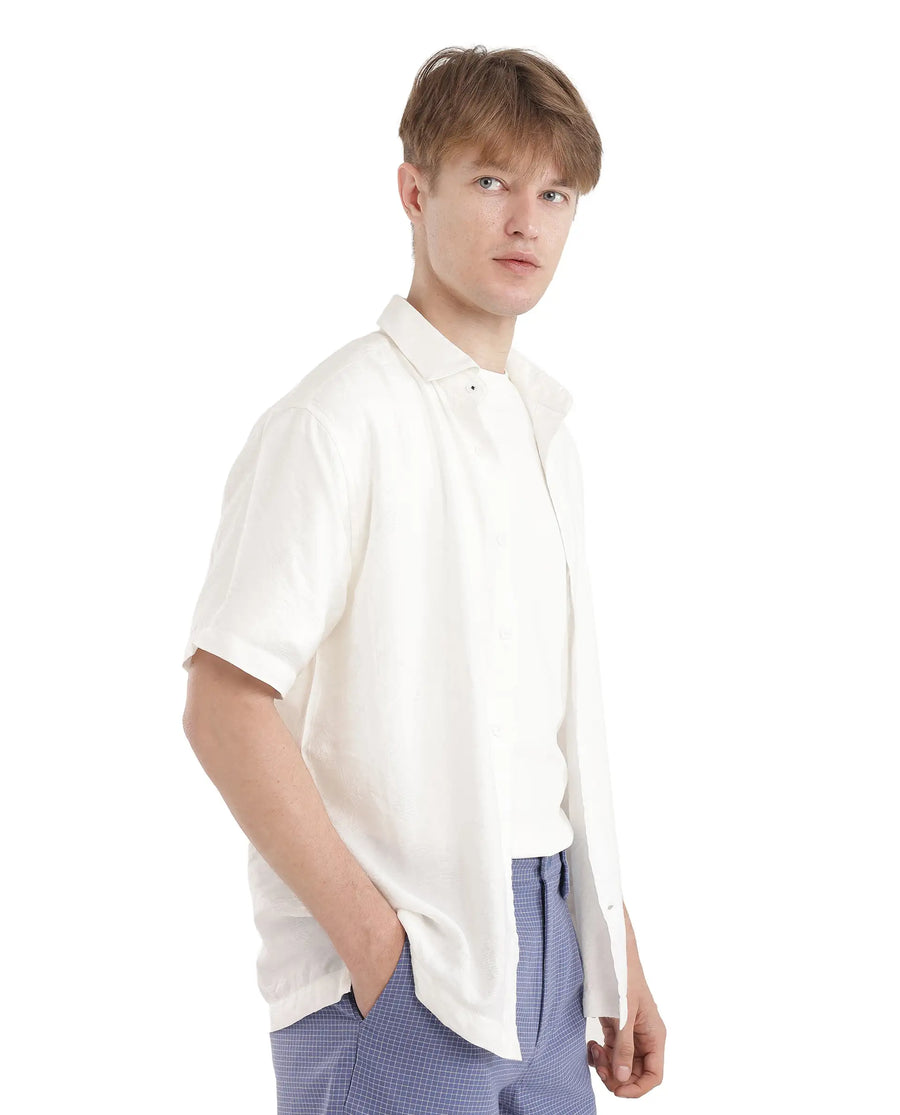 Rare Rabbit Men's Masie White Viscose Blend Plain Regular Fit Half Sleeve Collared Shirt