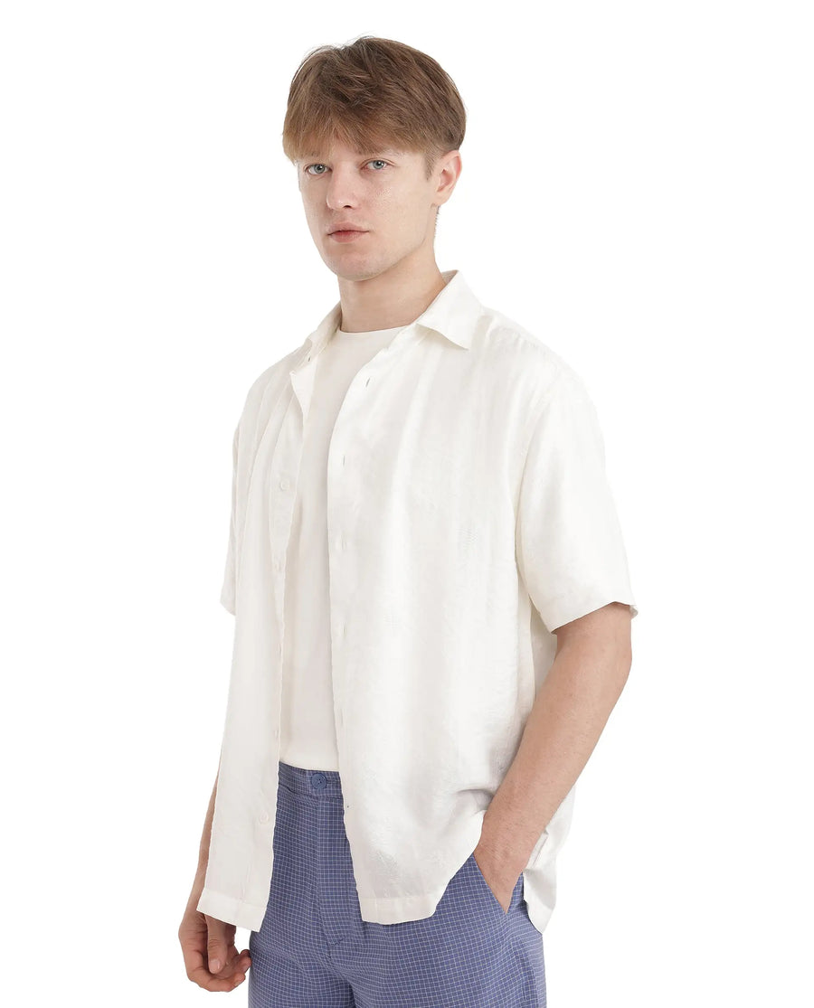 Rare Rabbit Men's Masie White Viscose Blend Plain Regular Fit Half Sleeve Collared Shirt