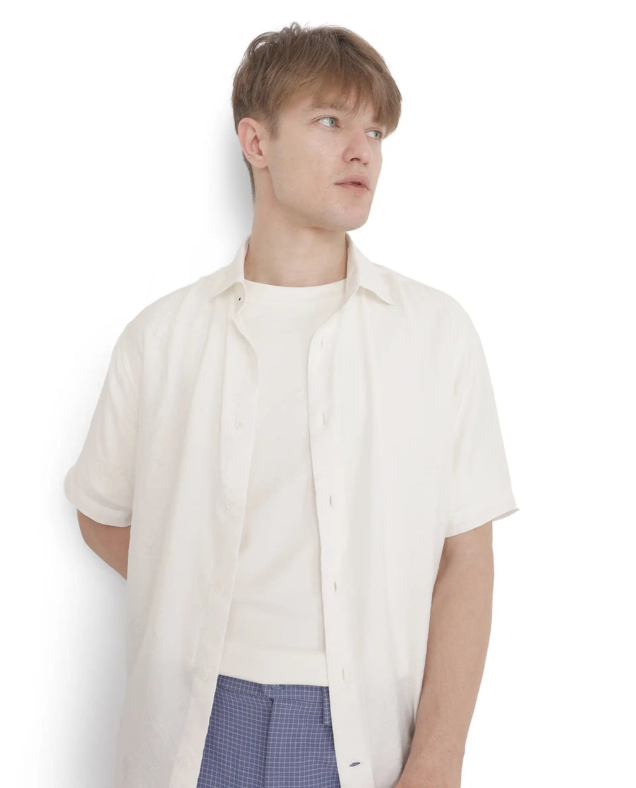 Rare Rabbit Men's Masie White Viscose Blend Plain Regular Fit Half Sleeve Collared Shirt