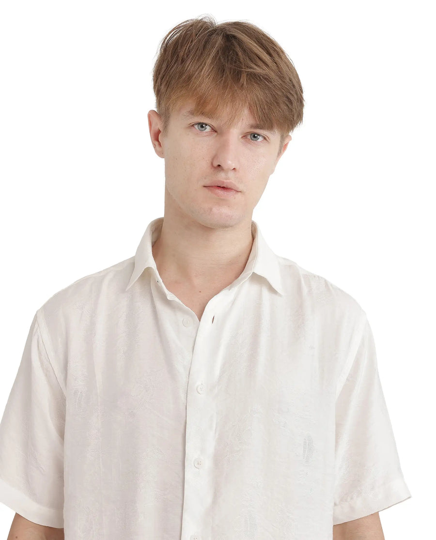 Rare Rabbit Men's Masie White Viscose Blend Plain Regular Fit Half Sleeve Collared Shirt