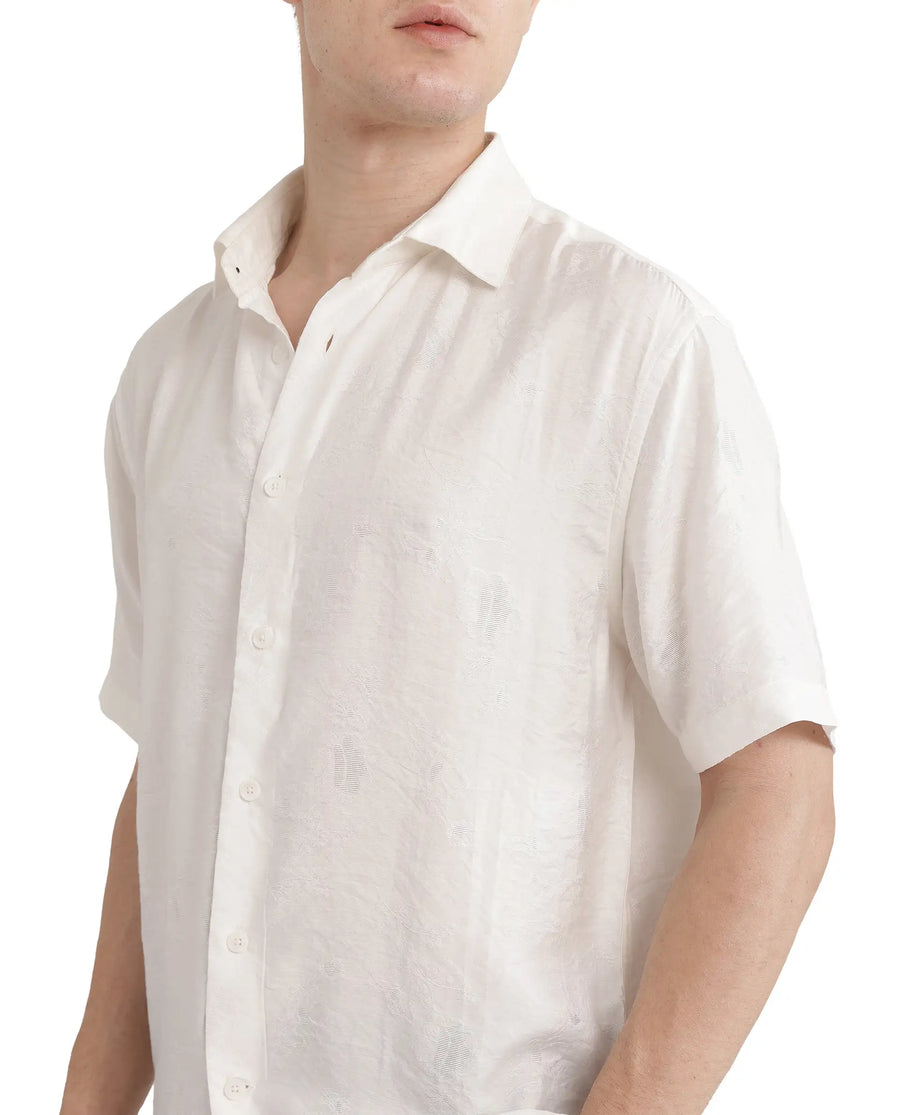 Rare Rabbit Men's Masie White Viscose Blend Plain Regular Fit Half Sleeve Collared Shirt