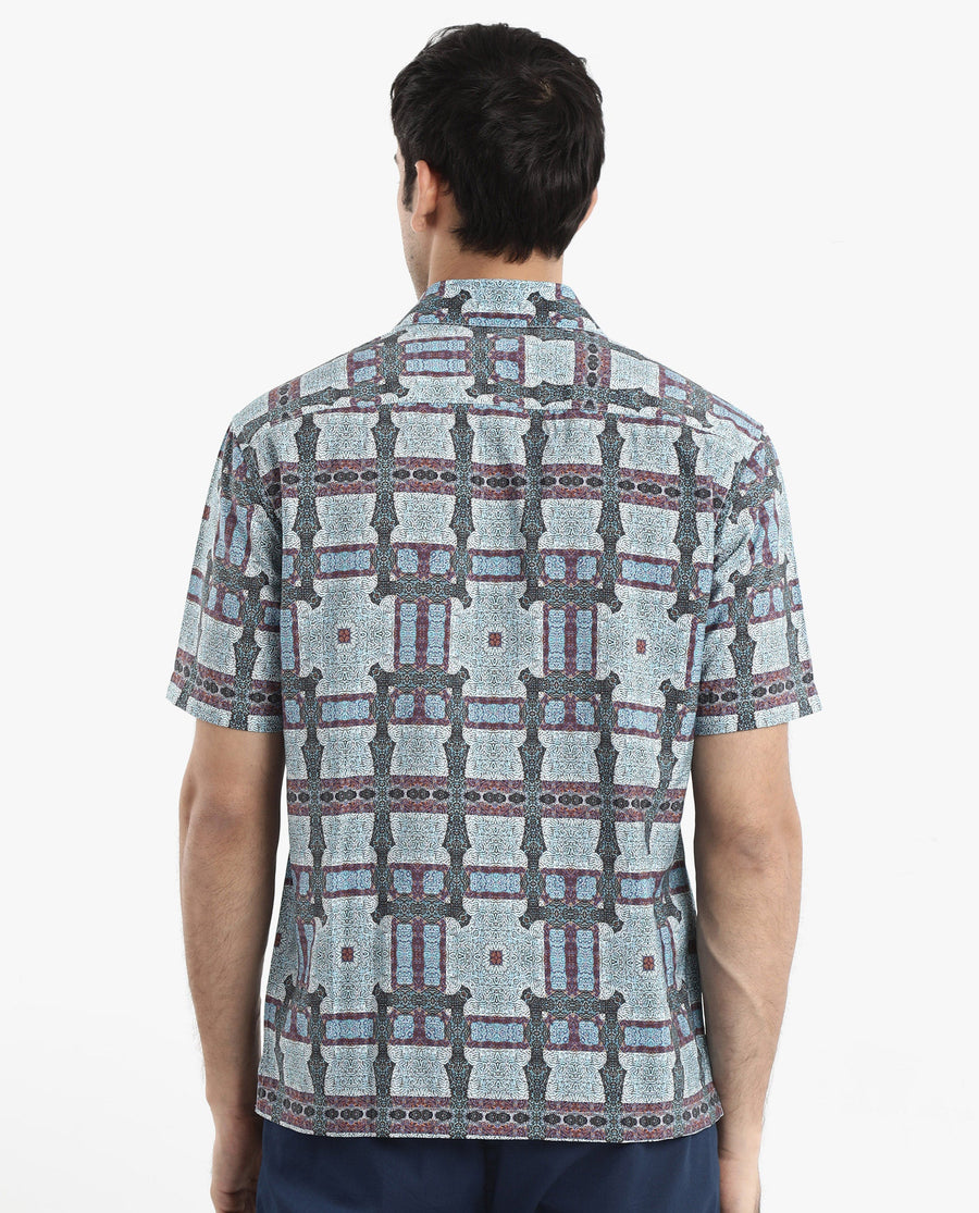 Rare Rabbit Men's Masko Blue Viscose Abstract Print Boxy Fit Half Sleeve Collared Shirt