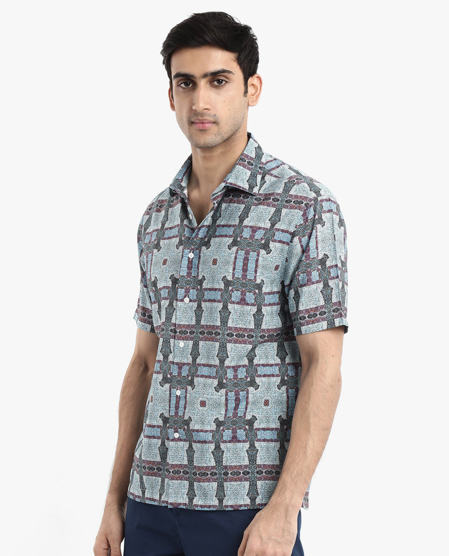 Rare Rabbit Men's Masko Blue Viscose Abstract Print Boxy Fit Half Sleeve Collared Shirt