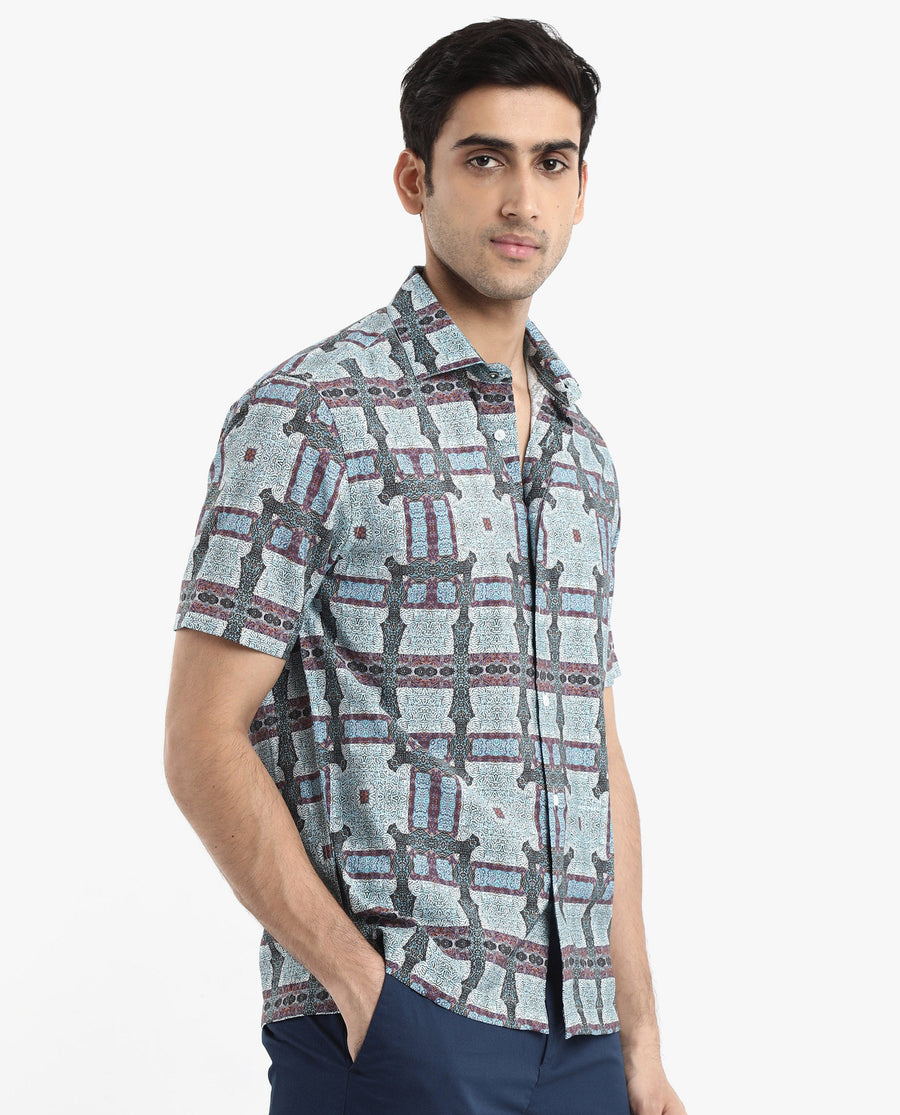 Rare Rabbit Men's Masko Blue Viscose Abstract Print Boxy Fit Half Sleeve Collared Shirt