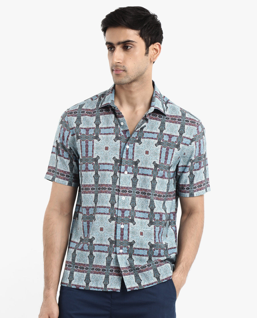 Rare Rabbit Men's Masko Blue Viscose Abstract Print Boxy Fit Half Sleeve Collared Shirt