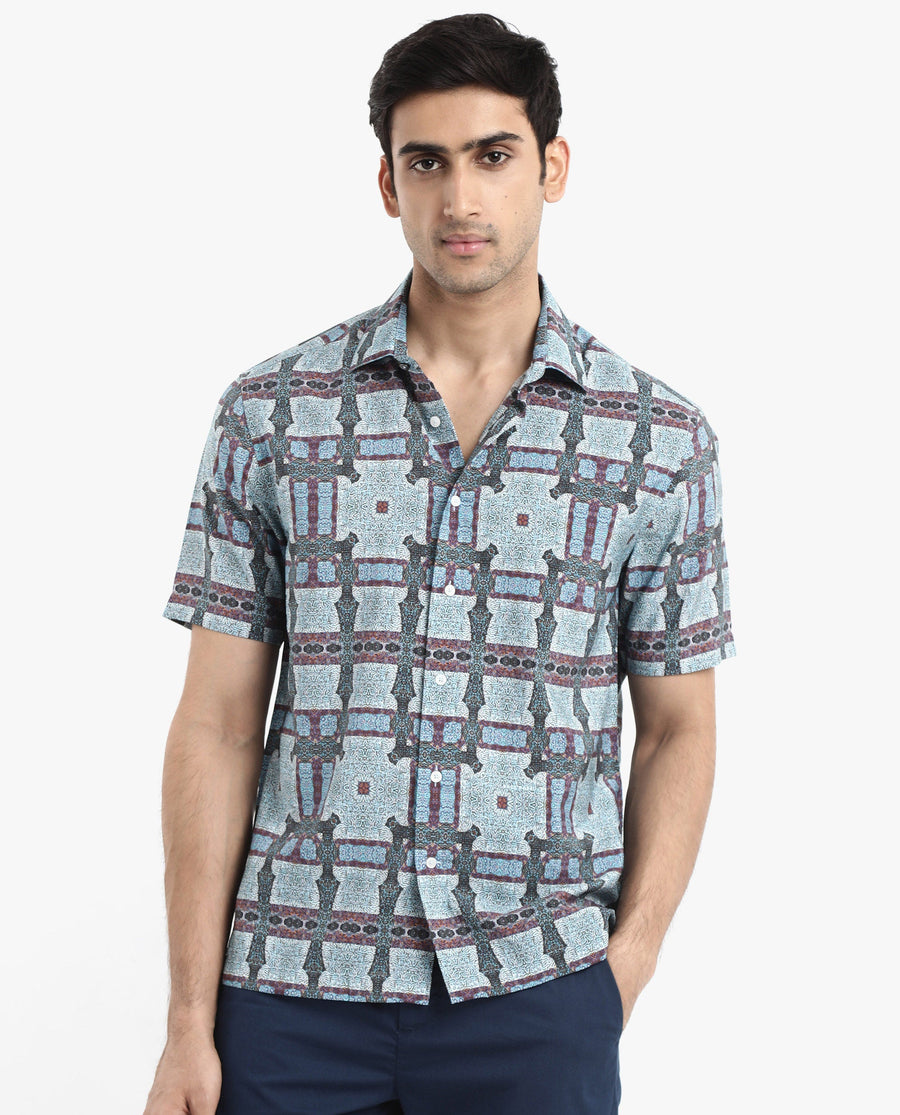 Rare Rabbit Men's Masko Blue Viscose Abstract Print Boxy Fit Half Sleeve Collared Shirt