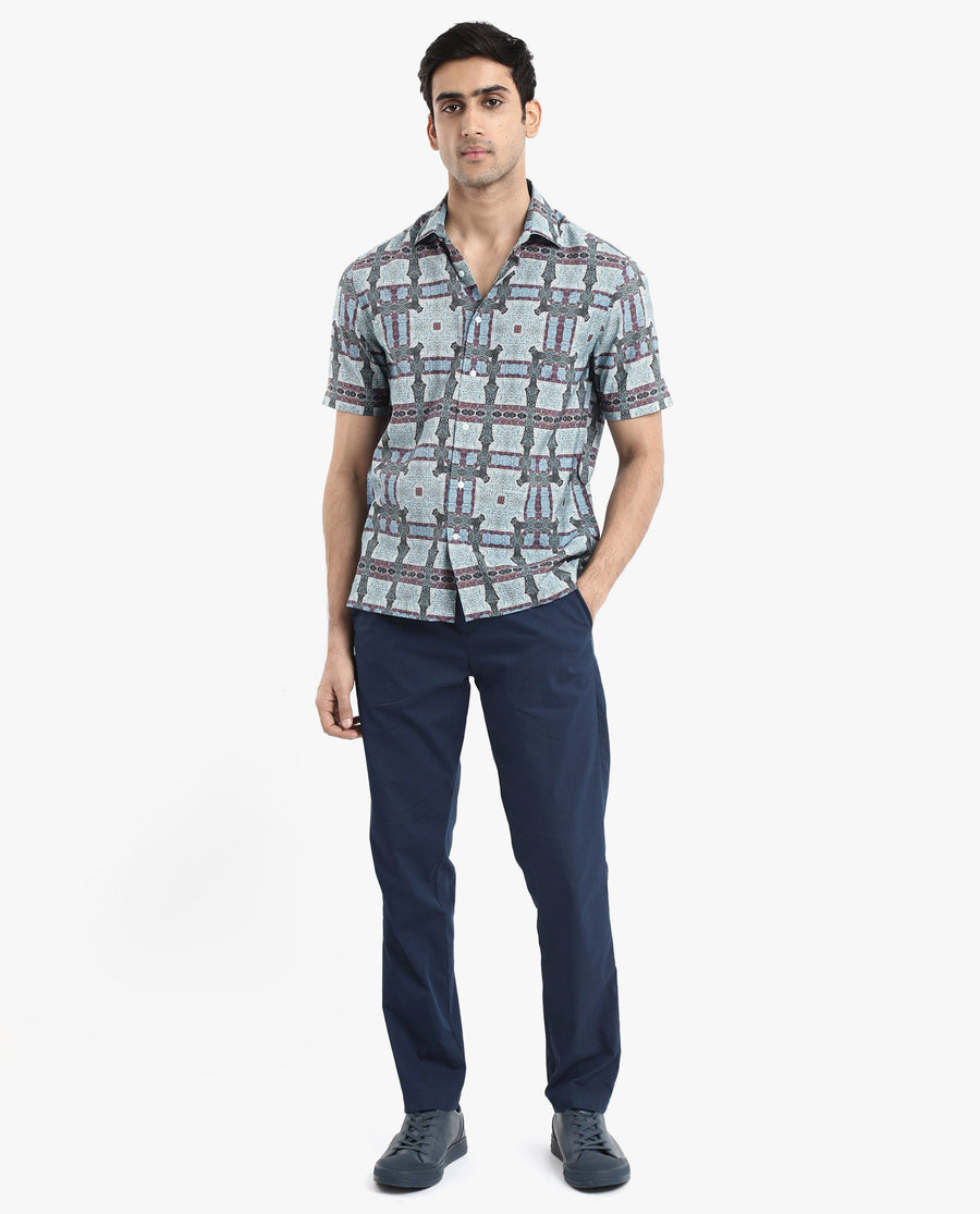 Rare Rabbit Men's Masko Blue Viscose Abstract Print Boxy Fit Half Sleeve Collared Shirt