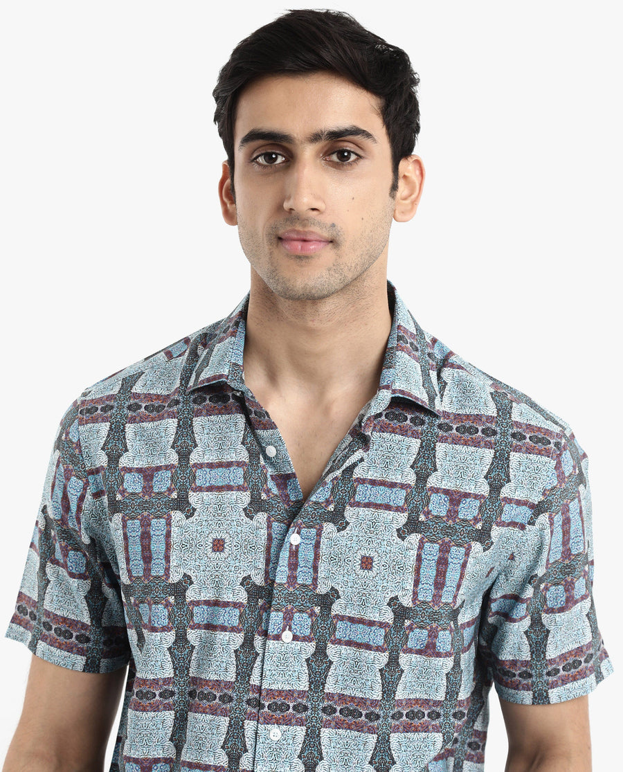 Rare Rabbit Men's Masko Blue Viscose Abstract Print Boxy Fit Half Sleeve Collared Shirt