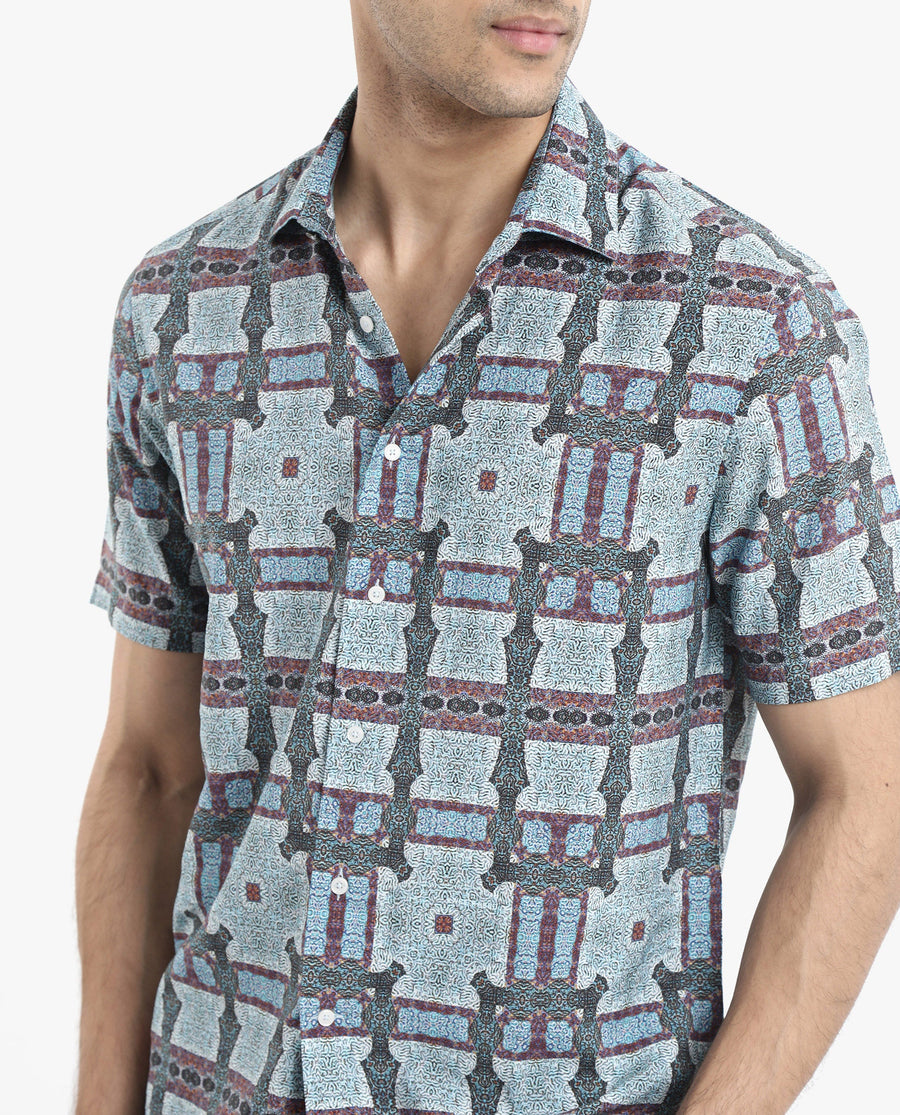 Rare Rabbit Men's Masko Blue Viscose Abstract Print Boxy Fit Half Sleeve Collared Shirt