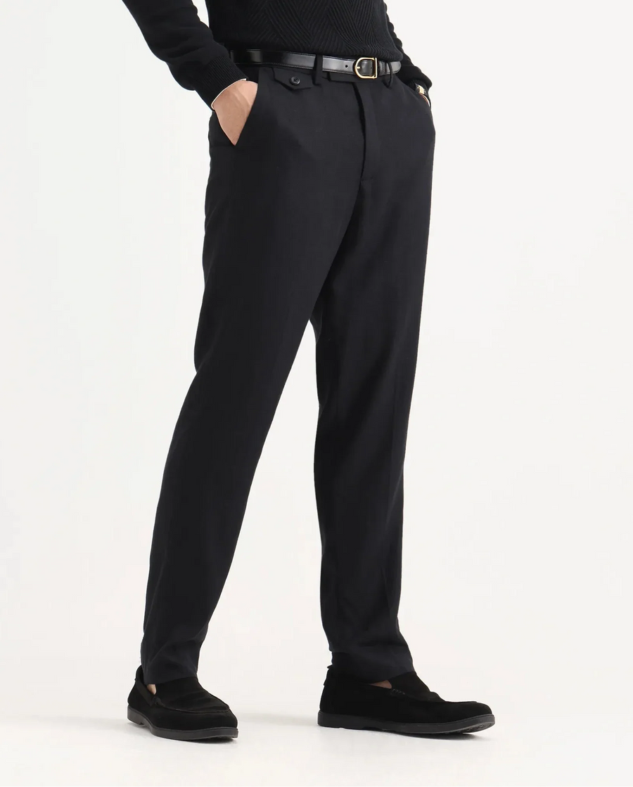 Rare Rabbit Men's Masoni-B Black Linen Blend Plain Relaxed Fit Trouser