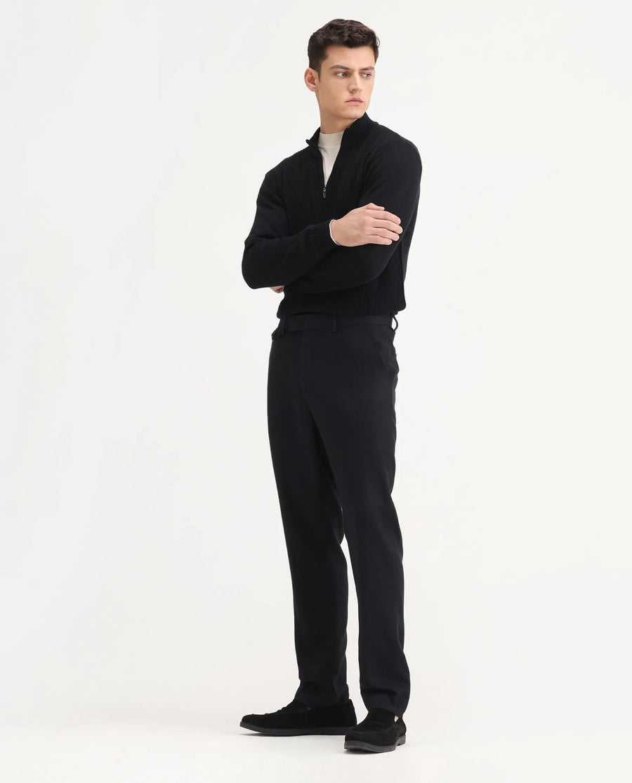 Rare Rabbit Men's Masoni-B Black Linen Blend Plain Relaxed Fit Trouser
