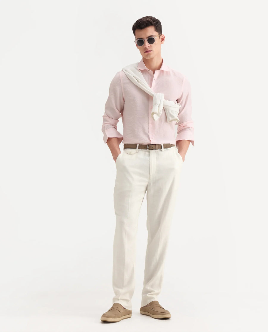 Rare Rabbit Men's Masoni-B Off White Linen Blend Plain Relaxed Fit Trouser