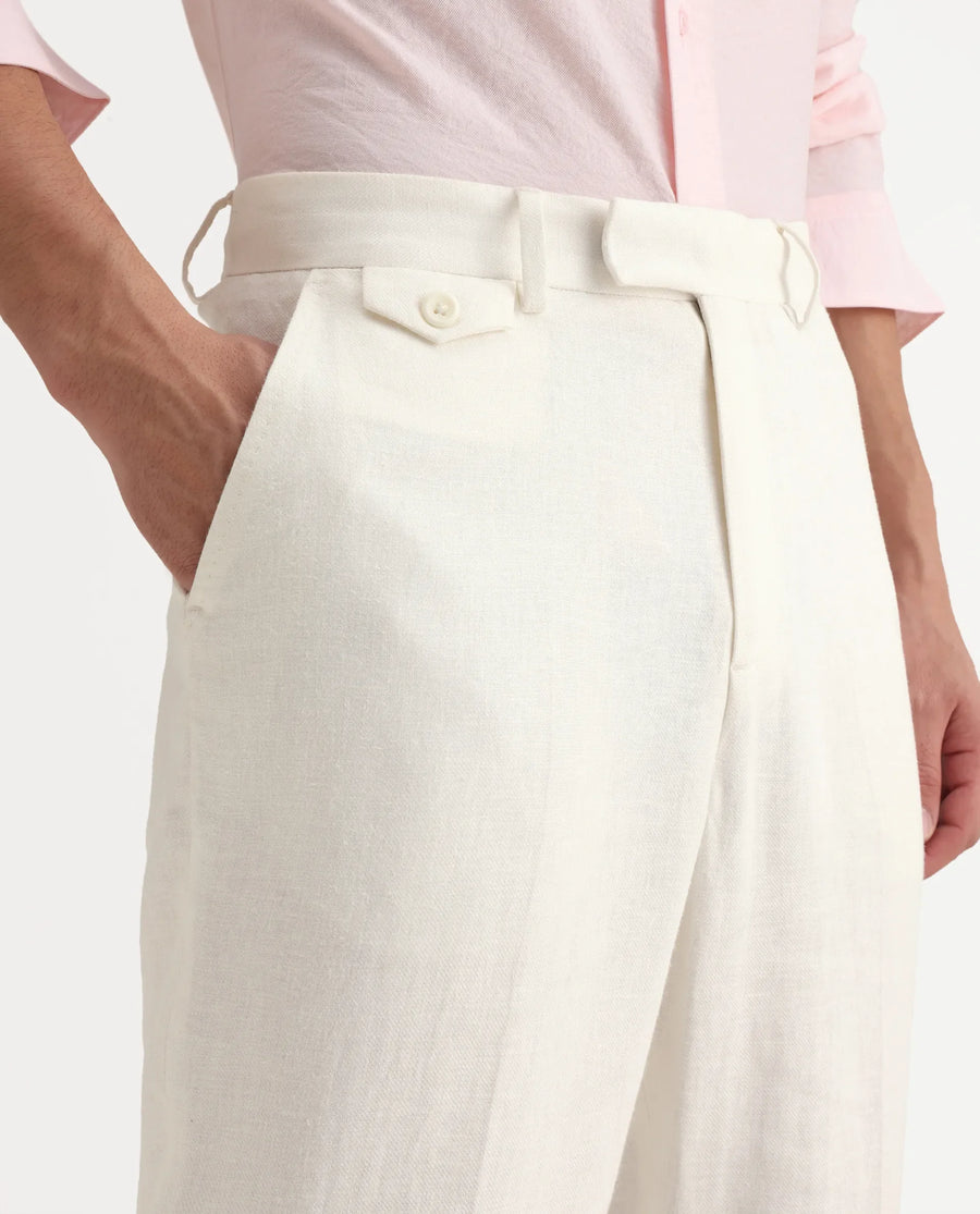 Rare Rabbit Men's Masoni-B Off White Linen Blend Plain Relaxed Fit Trouser