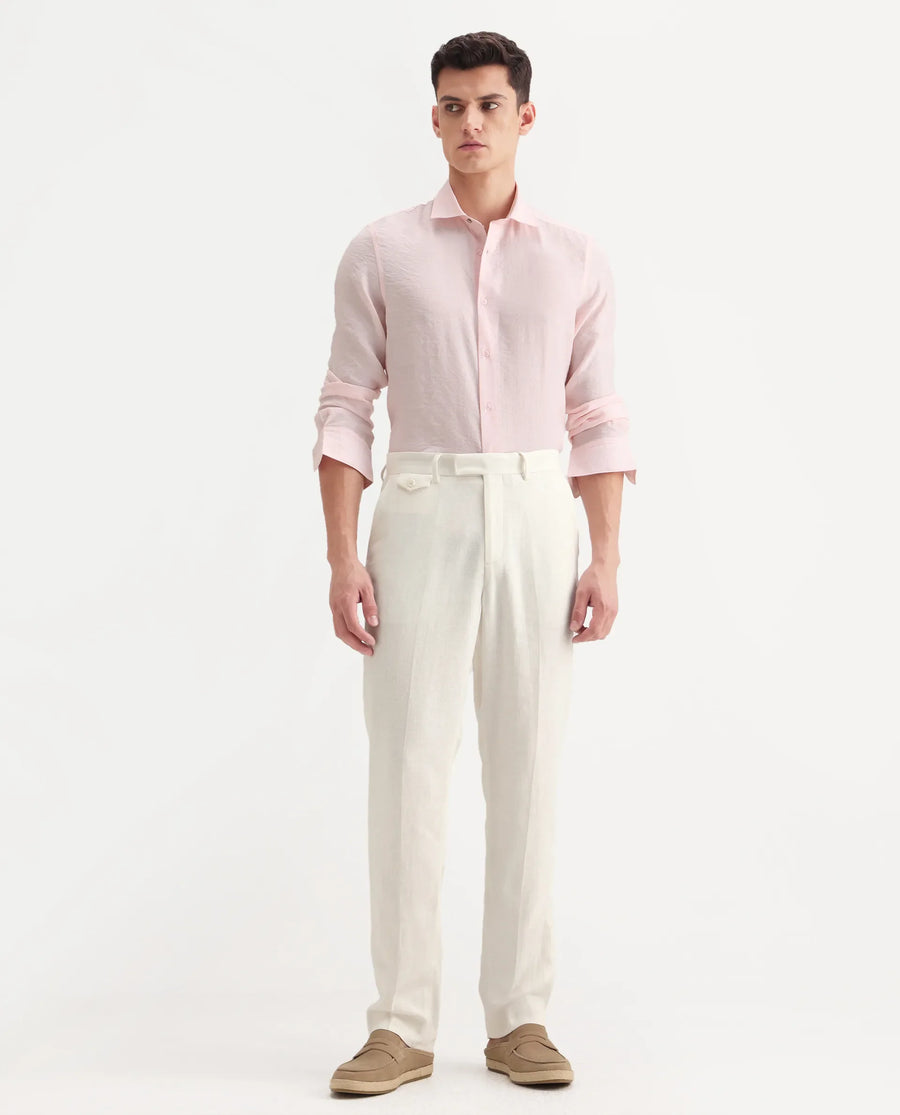 Rare Rabbit Men's Masoni-B Off White Linen Blend Plain Relaxed Fit Trouser