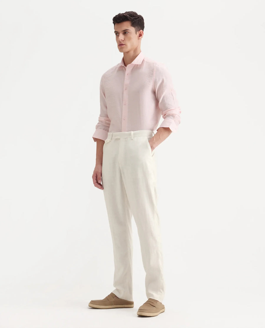 Rare Rabbit Men's Masoni-B Off White Linen Blend Plain Relaxed Fit Trouser