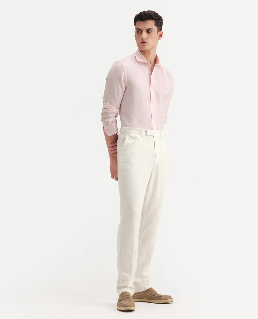 Rare Rabbit Men's Masoni-B Off White Linen Blend Plain Relaxed Fit Trouser