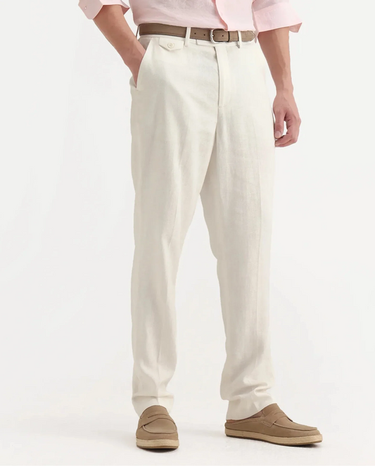 Rare Rabbit Men's Masoni-B Off White Linen Blend Plain Relaxed Fit Trouser