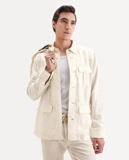 Rare Rabbit Men's Masoni-T Off White Linen Blend Fabric Collared Neck Regular Fit Plain Jacket