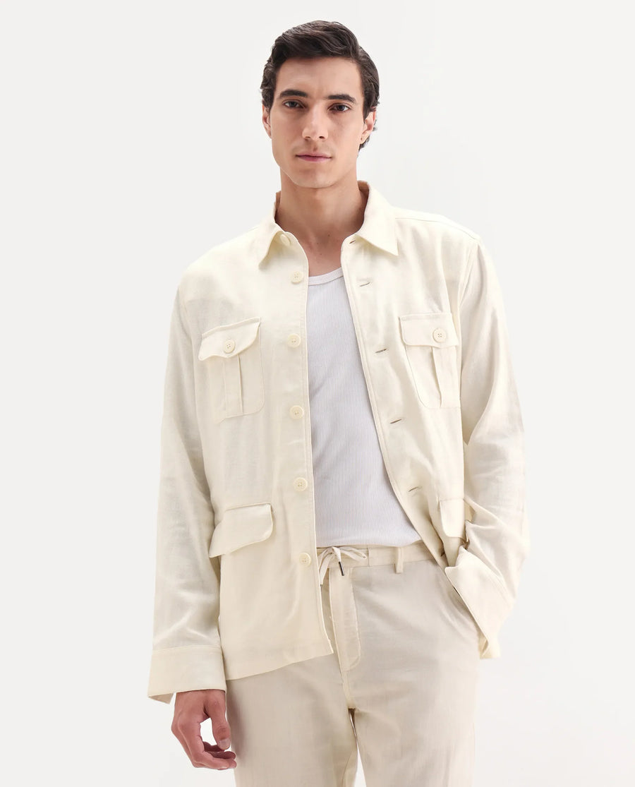 Rare Rabbit Men's Masoni-T Off White Linen Blend Fabric Collared Neck Regular Fit Plain Jacket