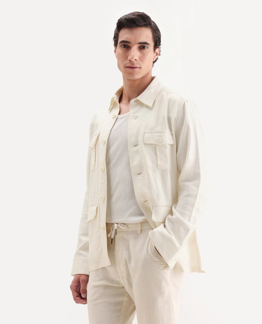 Rare Rabbit Men's Masoni-T Off White Linen Blend Fabric Collared Neck Regular Fit Plain Jacket
