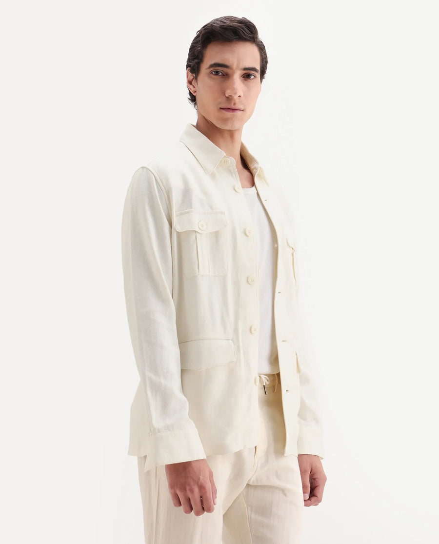 Rare Rabbit Men's Masoni-T Off White Linen Blend Fabric Collared Neck Regular Fit Plain Jacket