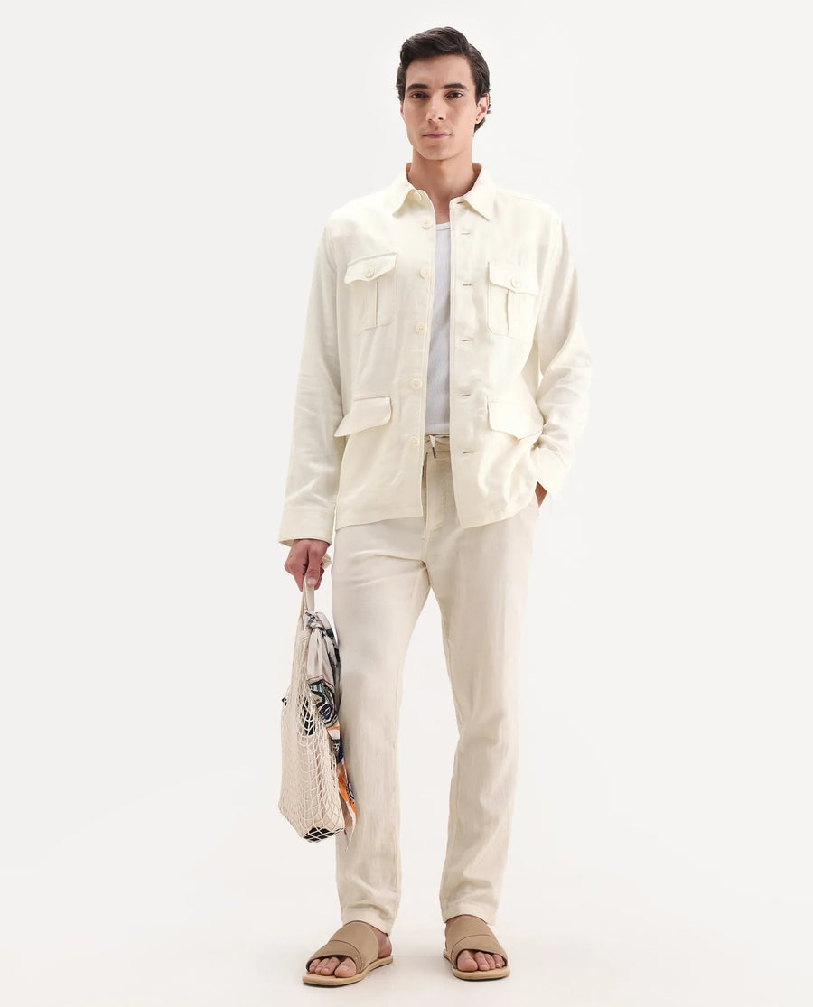Rare Rabbit Men's Masoni-T Off White Linen Blend Fabric Collared Neck Regular Fit Plain Jacket