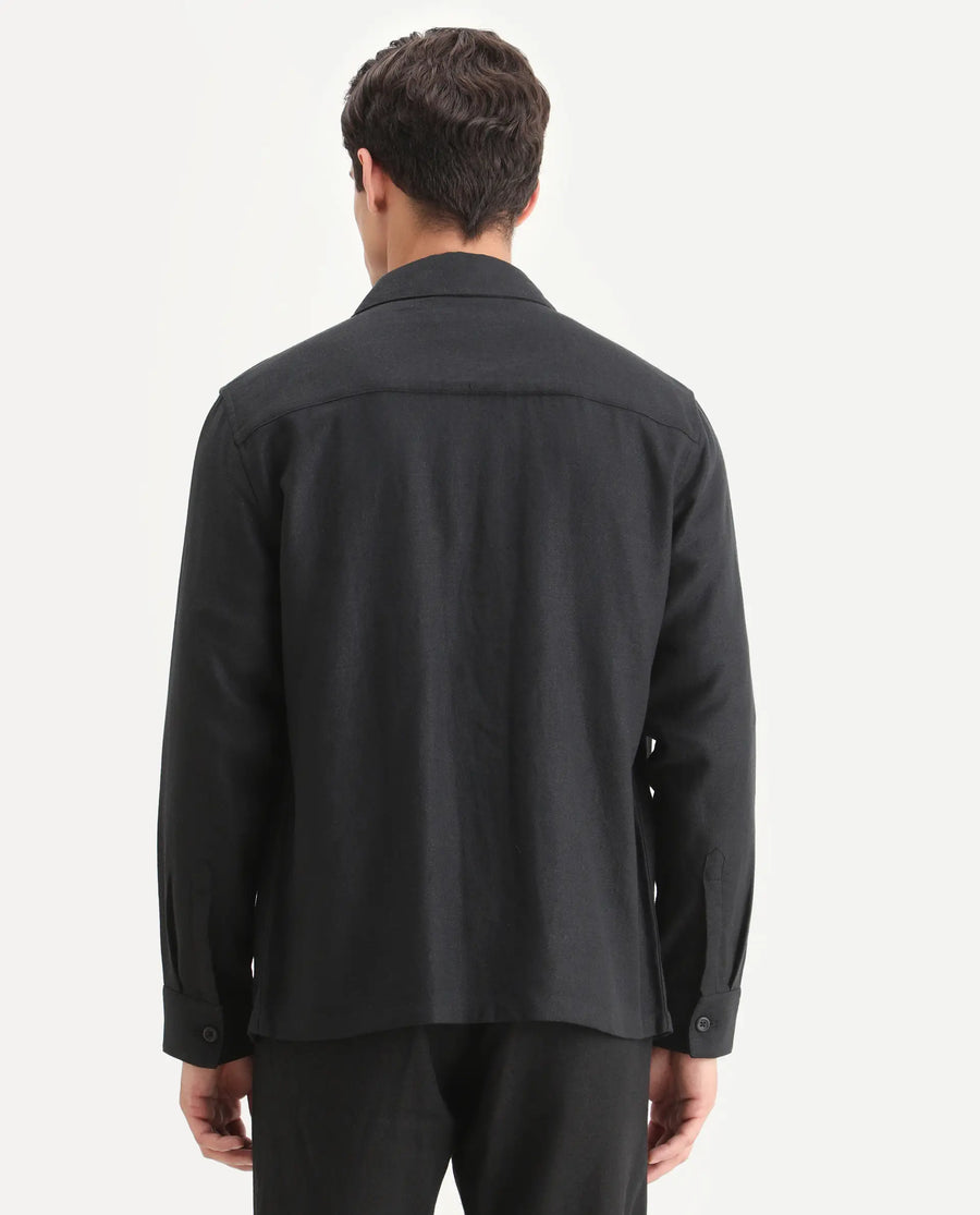 Rare Rabbit Men's Masoni-T Black Linen Blend Fabric Collared Neck Regular Fit Plain Jacket