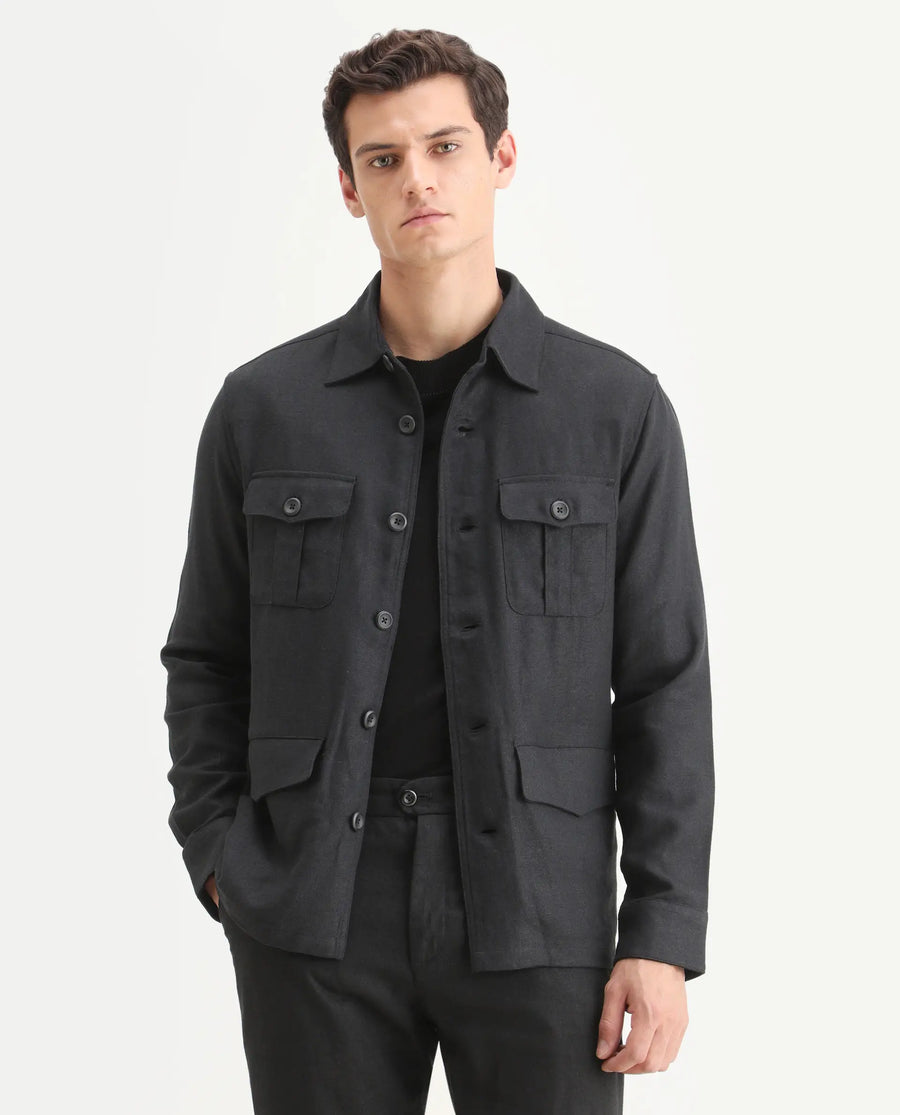 Rare Rabbit Men's Masoni-T Black Linen Blend Fabric Collared Neck Regular Fit Plain Jacket