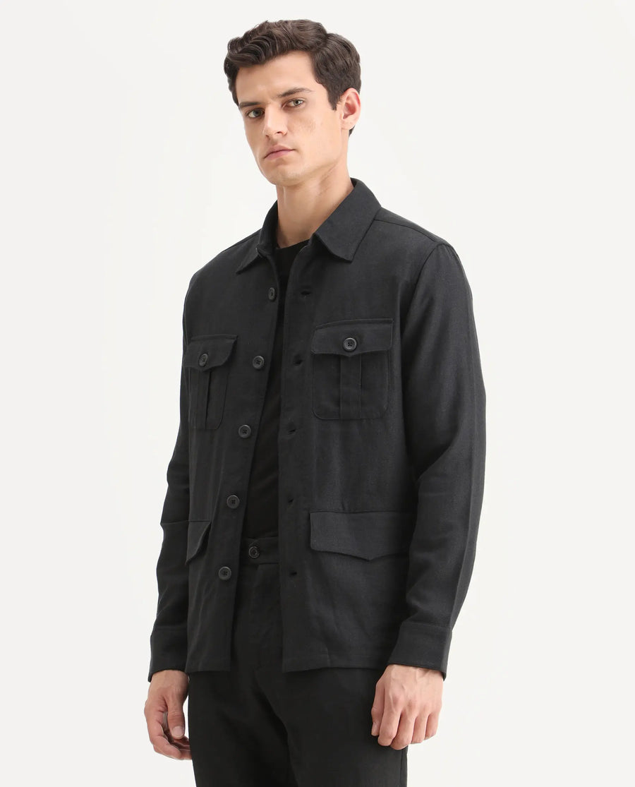 Rare Rabbit Men's Masoni-T Black Linen Blend Fabric Collared Neck Regular Fit Plain Jacket