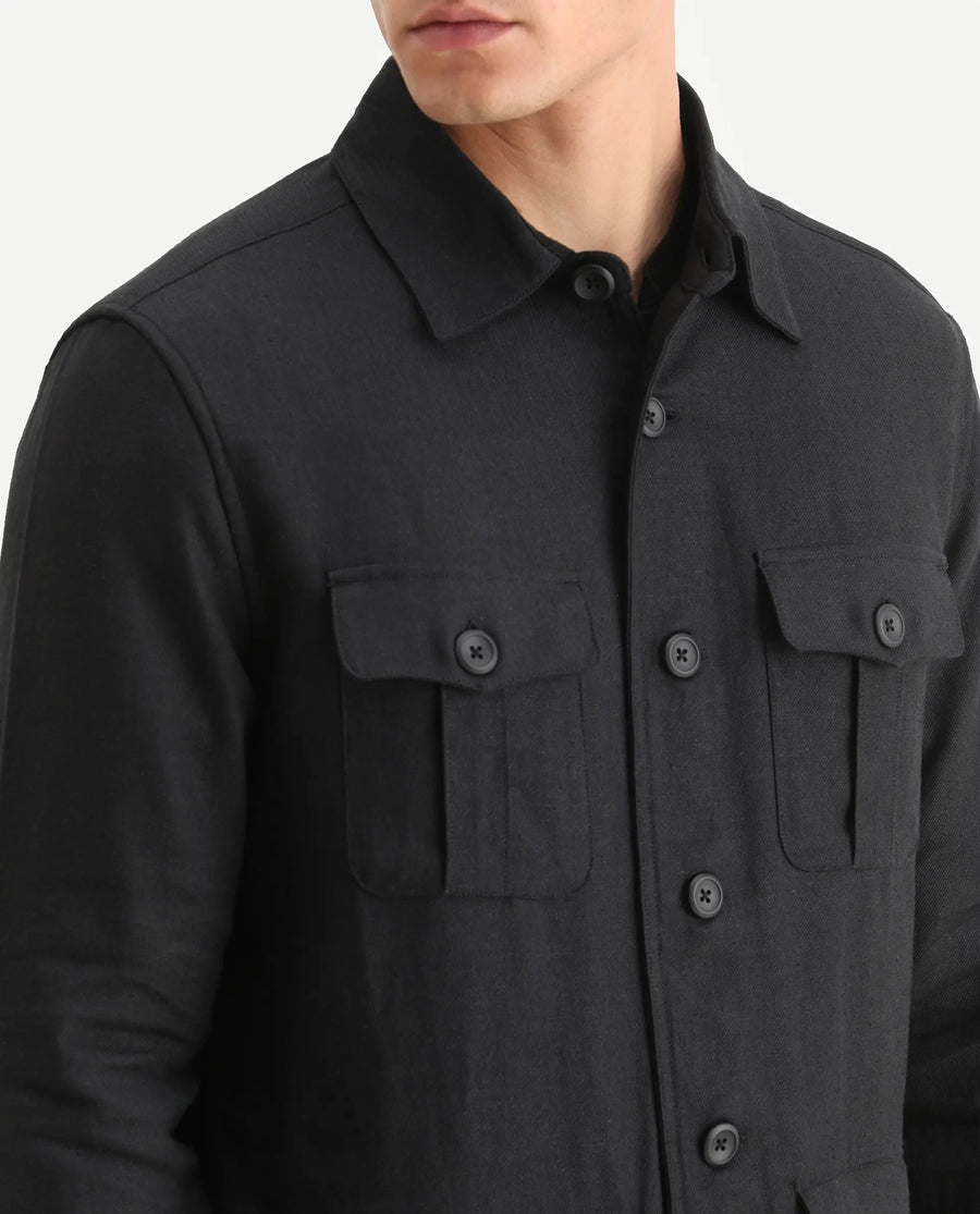 Rare Rabbit Men's Masoni-T Black Linen Blend Fabric Collared Neck Regular Fit Plain Jacket