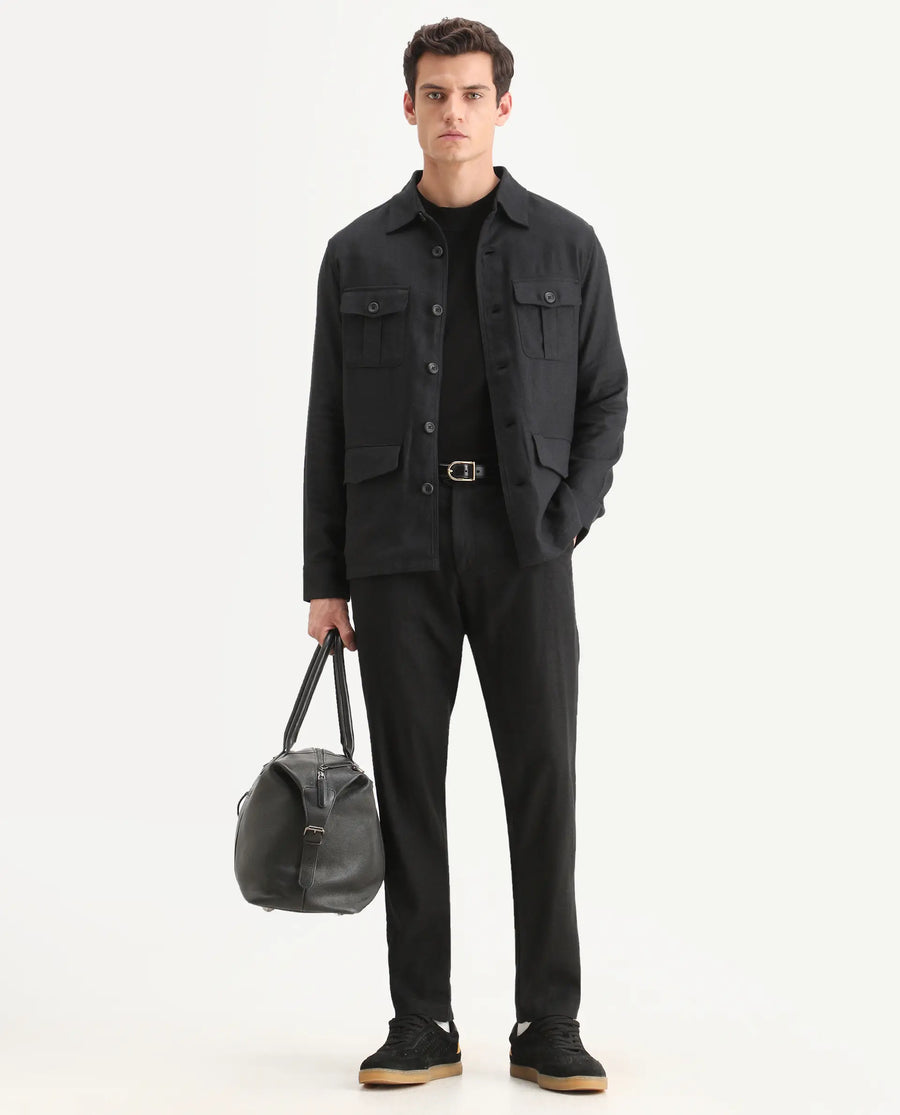 Rare Rabbit Men's Masoni-T Black Linen Blend Fabric Collared Neck Regular Fit Plain Jacket
