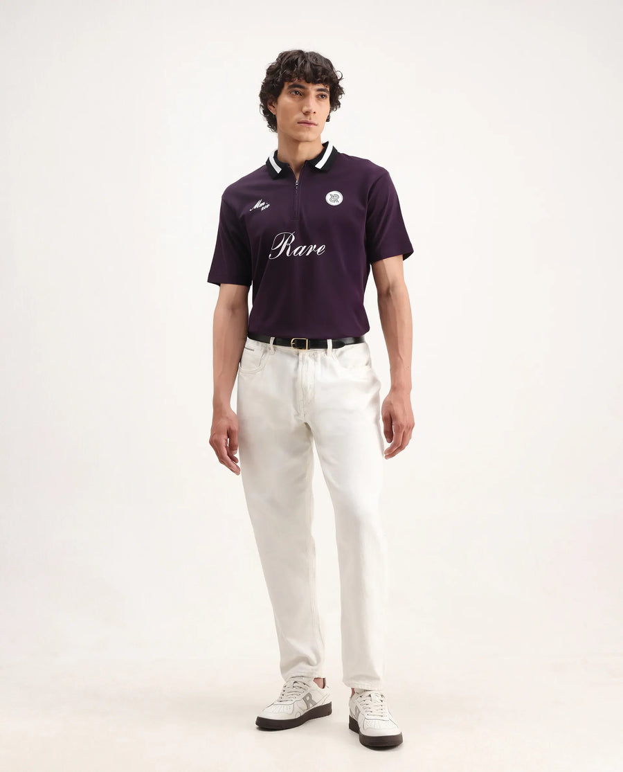 Rare Rabbit Men's Mateo Dark Purple Cotton Blend Embroidered Relaxed Fit Half Sleeve Polo