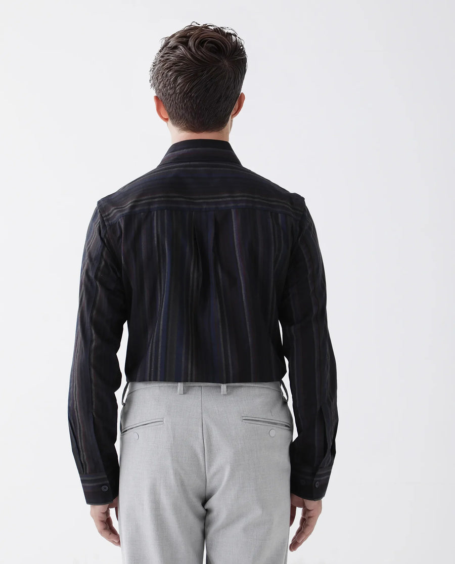 Rare Rabbit Men's Matis Black Polyester Blend Striped Print Relaxed Fit Full Sleeve Collared Shirt