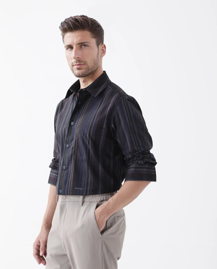 Rare Rabbit Men's Matis Black Polyester Blend Striped Print Relaxed Fit Full Sleeve Collared Shirt