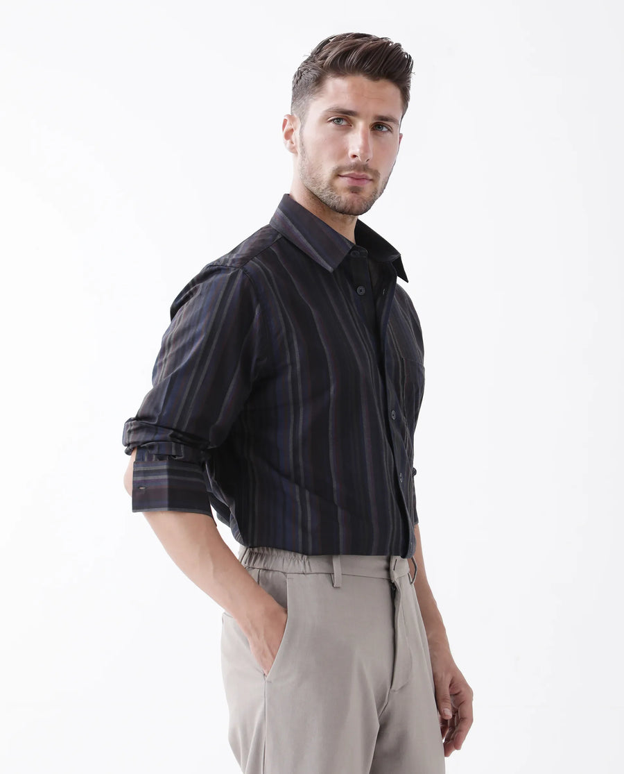 Rare Rabbit Men's Matis Black Polyester Blend Striped Print Relaxed Fit Full Sleeve Collared Shirt
