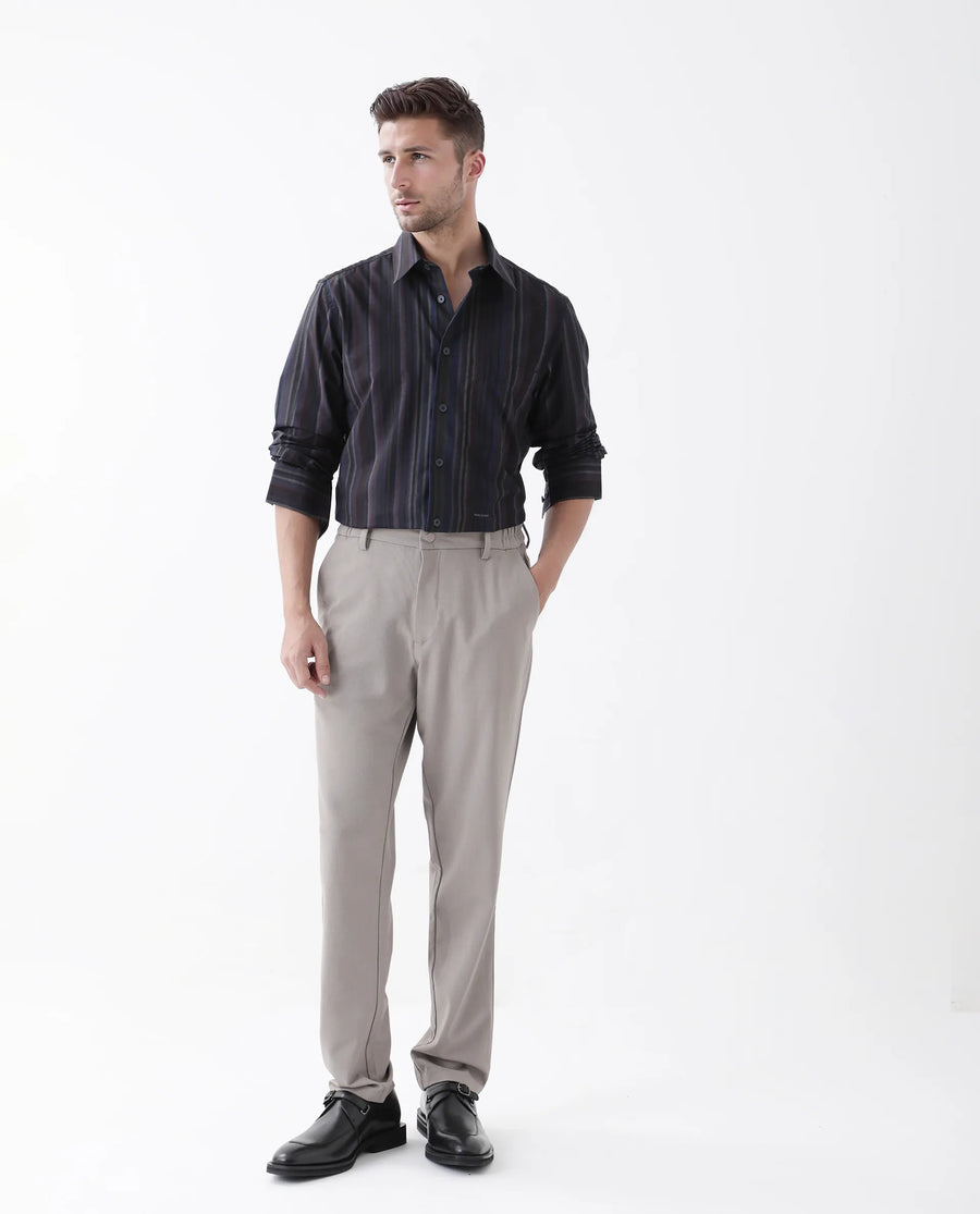Rare Rabbit Men's Matis Black Polyester Blend Striped Print Relaxed Fit Full Sleeve Collared Shirt