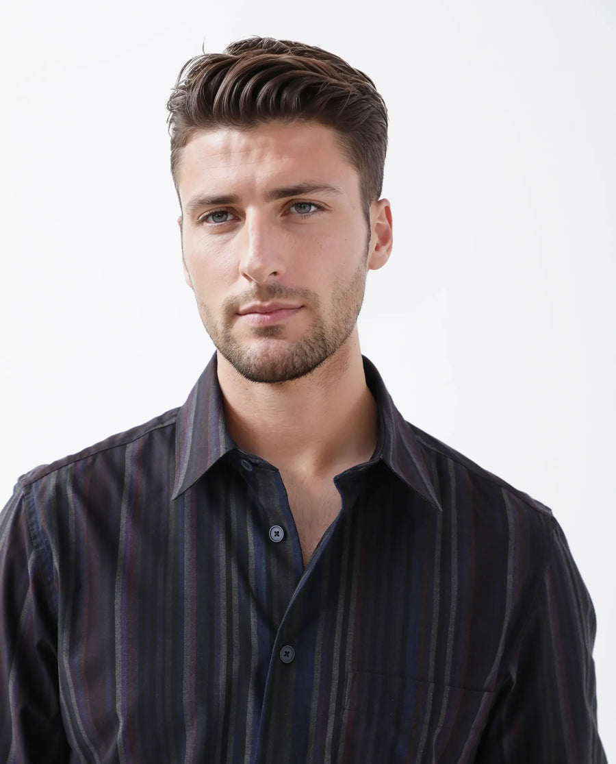 Rare Rabbit Men's Matis Black Polyester Blend Striped Print Relaxed Fit Full Sleeve Collared Shirt