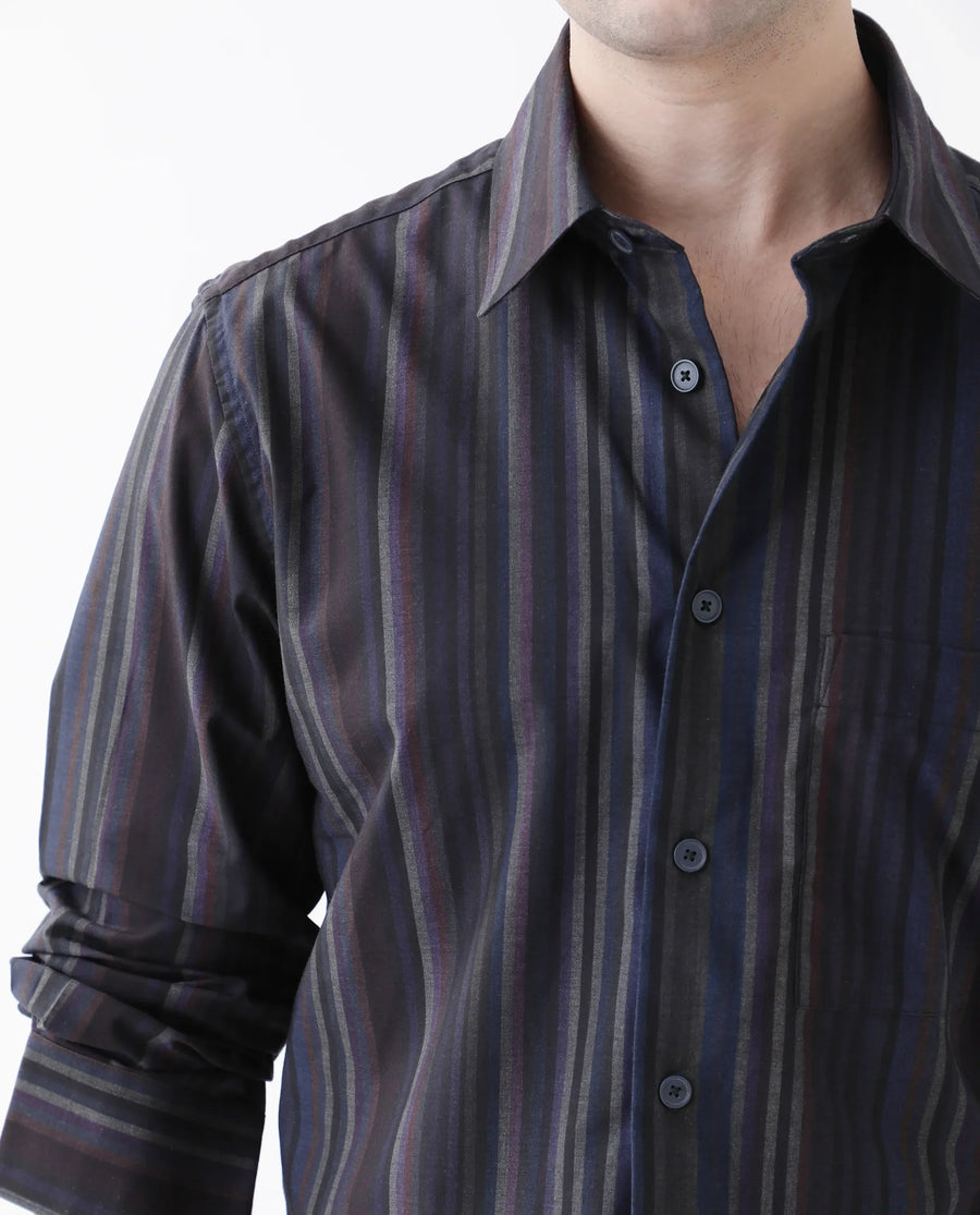 Rare Rabbit Men's Matis Black Polyester Blend Striped Print Relaxed Fit Full Sleeve Collared Shirt