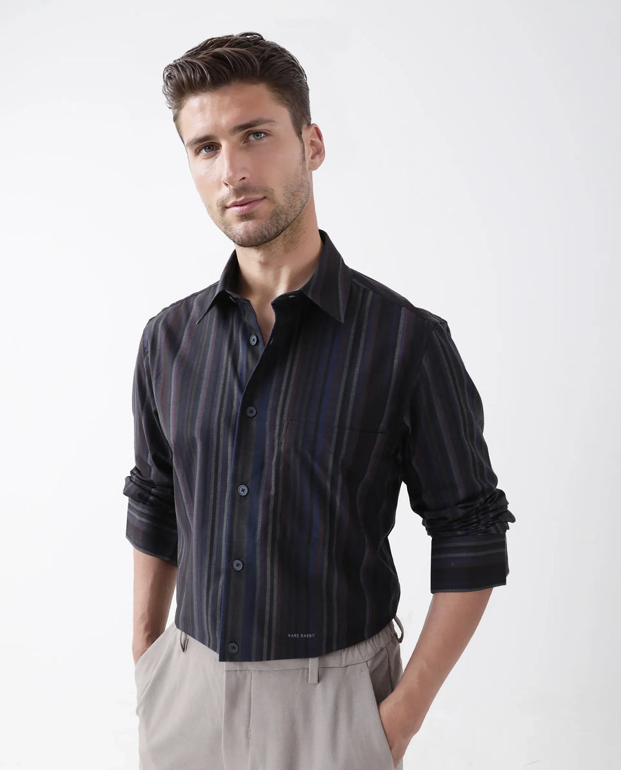 Rare Rabbit Men's Matis Black Polyester Blend Striped Print Relaxed Fit Full Sleeve Collared Shirt