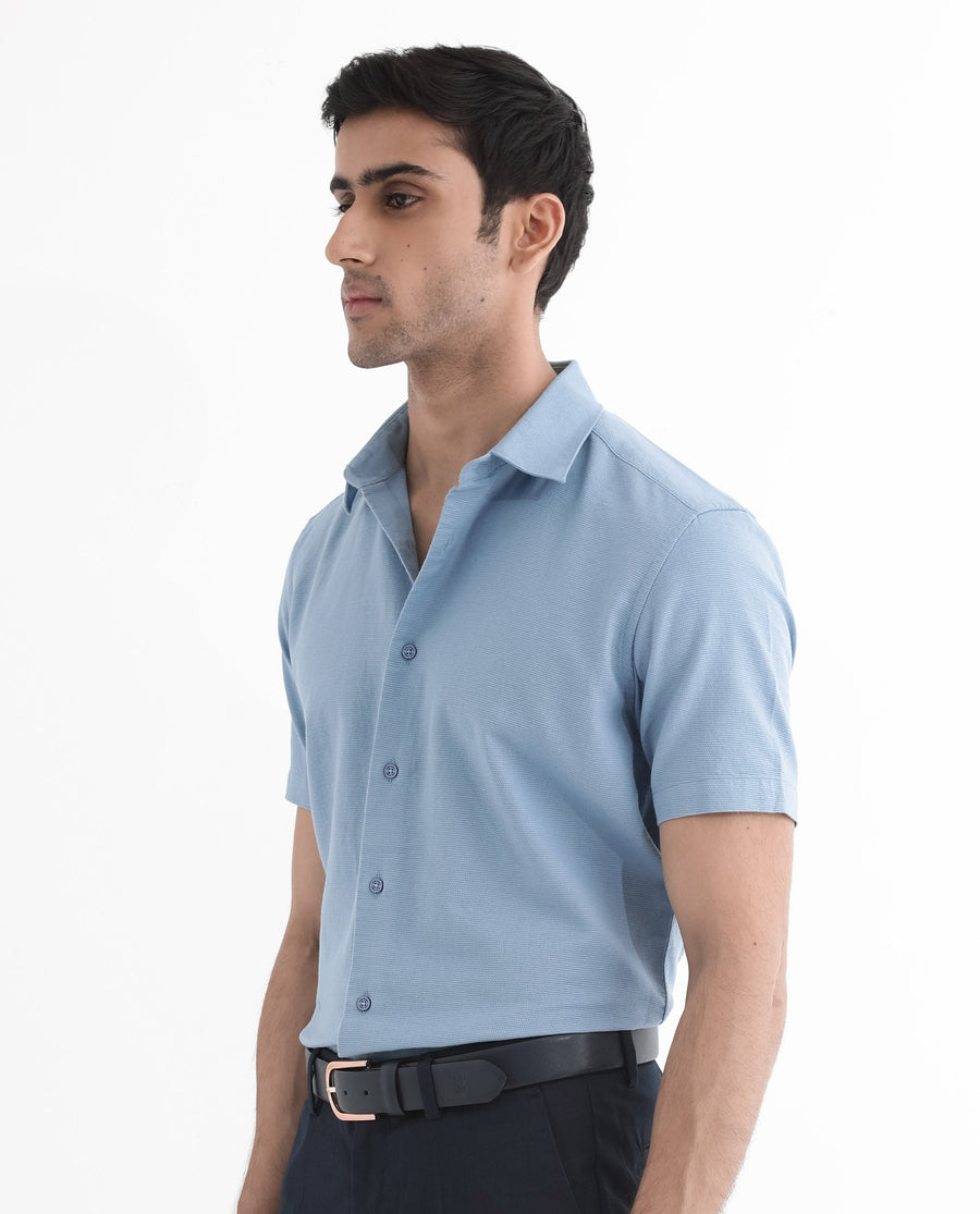 Rare Rabbit Men's Matto-1 Dusky Blue Cotton Striped Print Boxy Fit Half Sleeve Collared Shirt