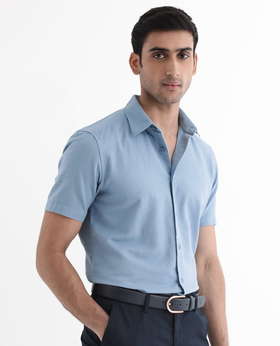 Rare Rabbit Men's Matto-1 Dusky Blue Cotton Striped Print Boxy Fit Half Sleeve Collared Shirt