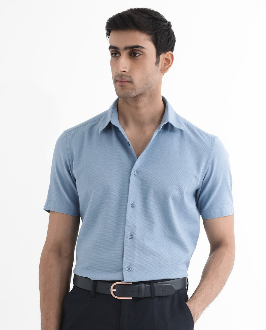 Rare Rabbit Men's Matto-1 Dusky Blue Cotton Striped Print Boxy Fit Half Sleeve Collared Shirt