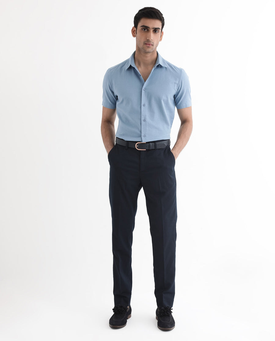 Rare Rabbit Men's Matto-1 Dusky Blue Cotton Striped Print Boxy Fit Half Sleeve Collared Shirt
