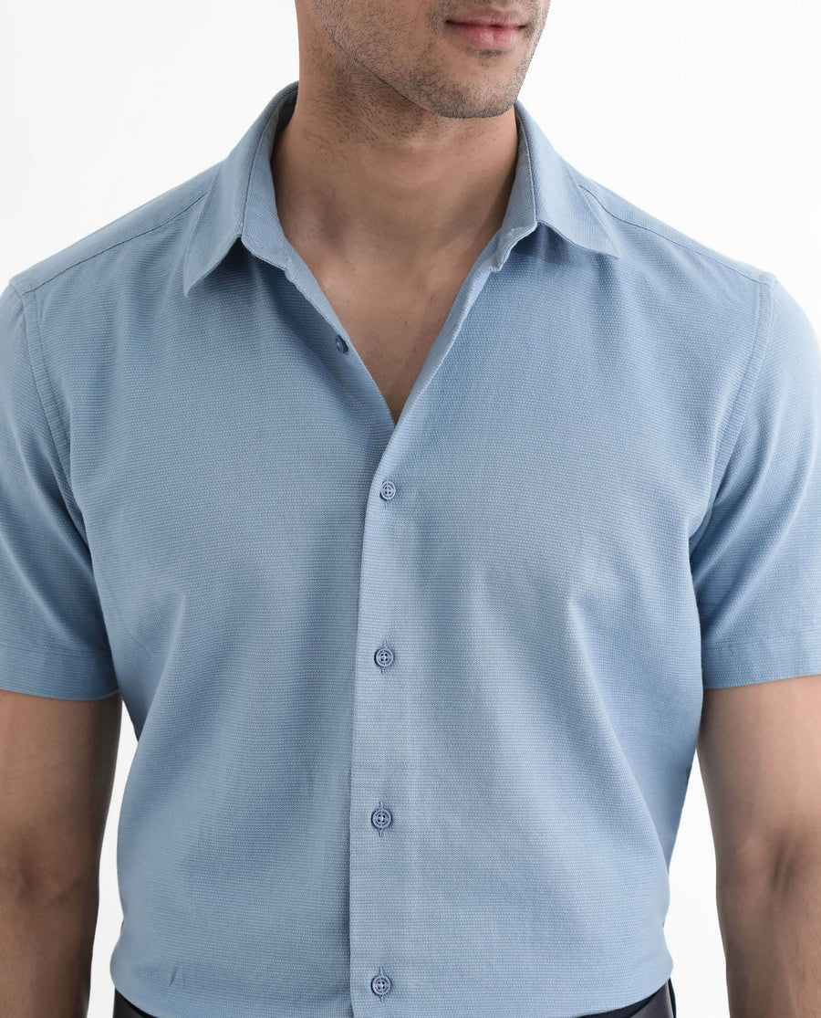 Rare Rabbit Men's Matto-1 Dusky Blue Cotton Striped Print Boxy Fit Half Sleeve Collared Shirt