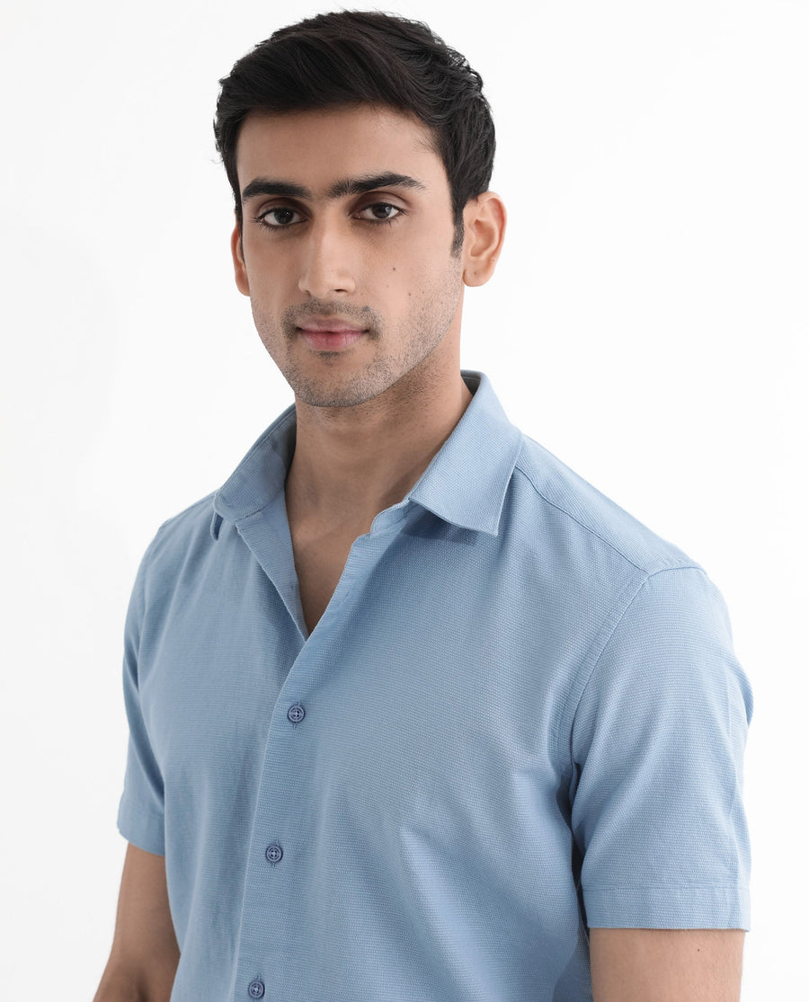 Rare Rabbit Men's Matto-1 Dusky Blue Cotton Striped Print Boxy Fit Half Sleeve Collared Shirt